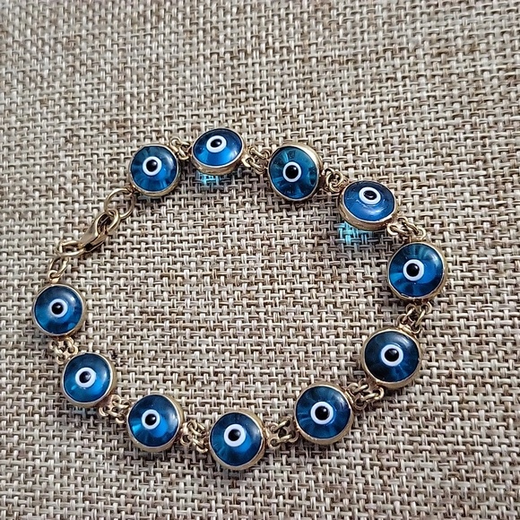 14kt Yellow Gold Blue Evil Eye Bracelet 7-1/4" Long - Picture 1 of 6
